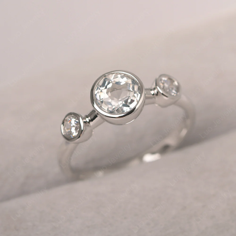 White Topaz 3 Stone Bezel Set Ring - Image 2