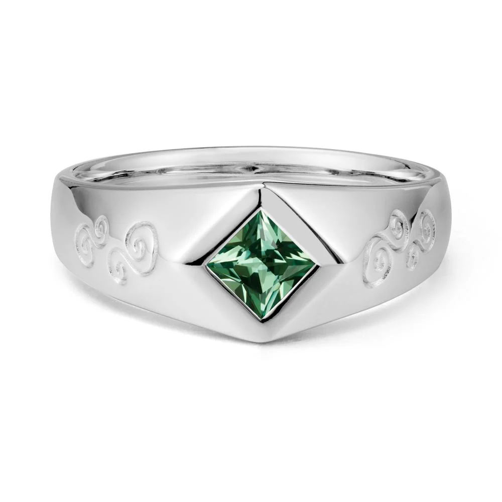 Wide Band Green Sapphire Swirl Engraved Ring - Image 5