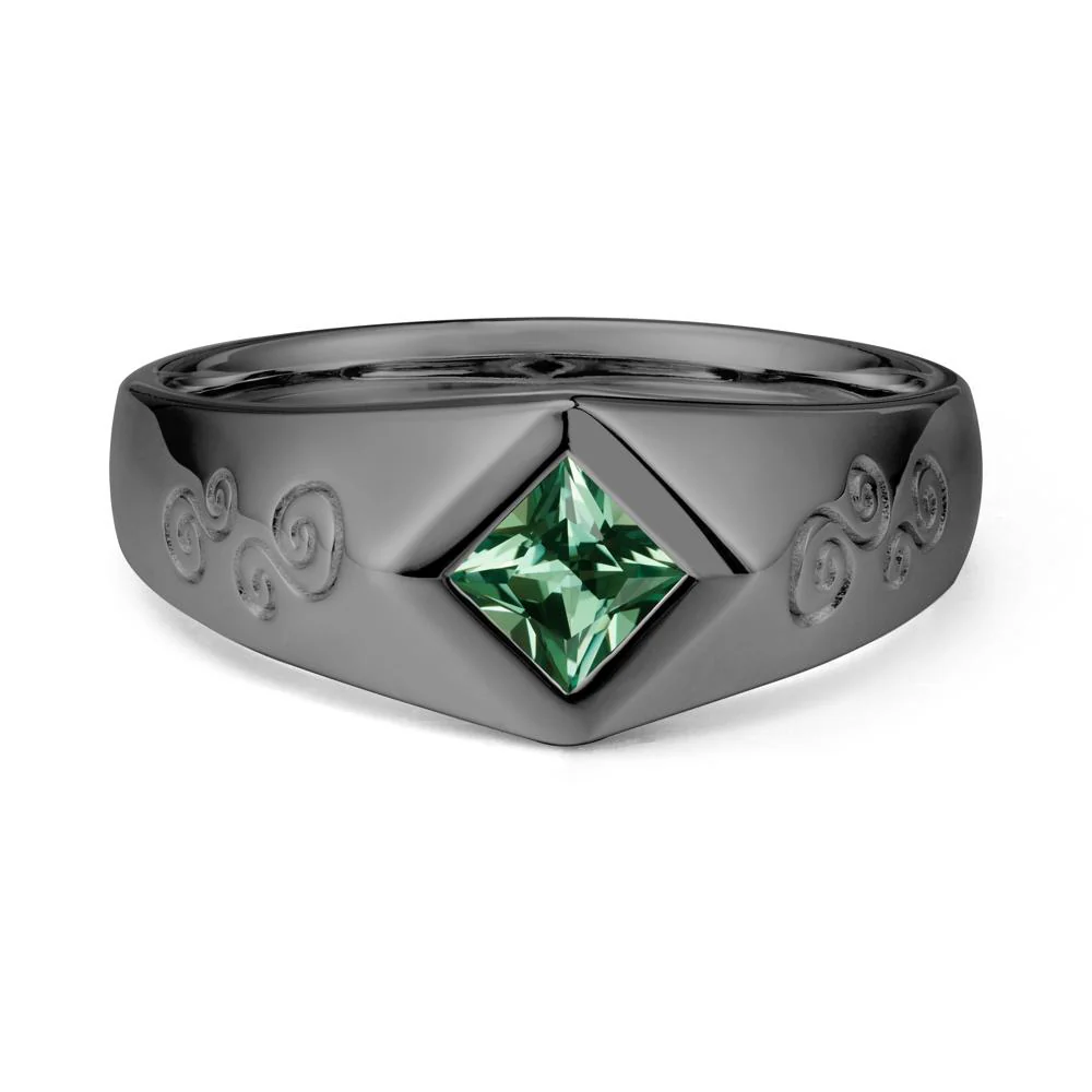 Wide Band Green Sapphire Swirl Engraved Ring - Image 7