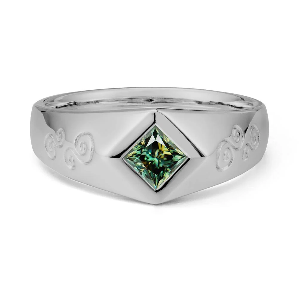 Wide Band Princess Cut Green Moissanite Ring