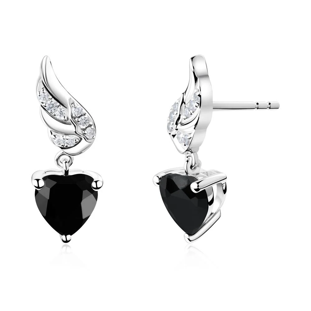 Winged Heart Shaped Black Spinel Stud Earrings