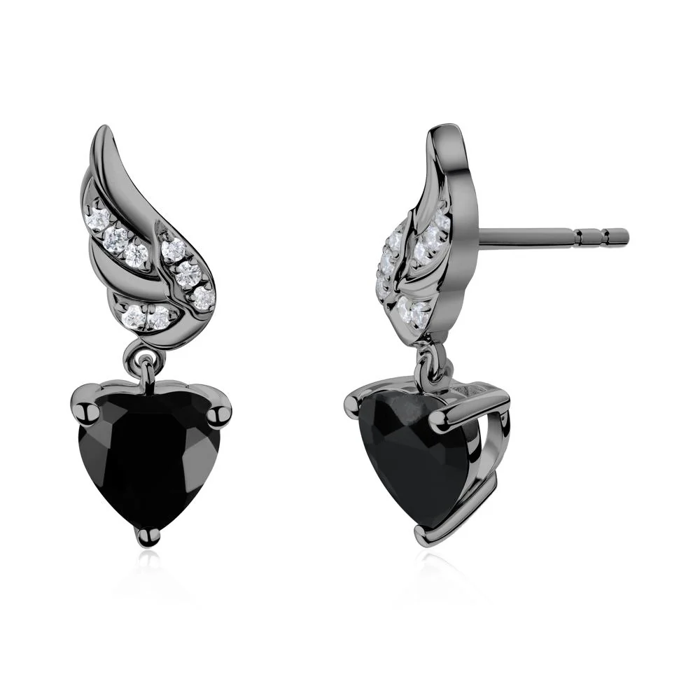 Winged Heart Shaped Black Spinel Stud Earrings - Image 5