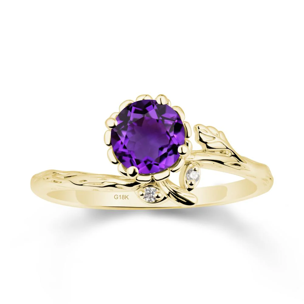 Woodgrain Textured Band Floral Amethyst Ring - Image 6
