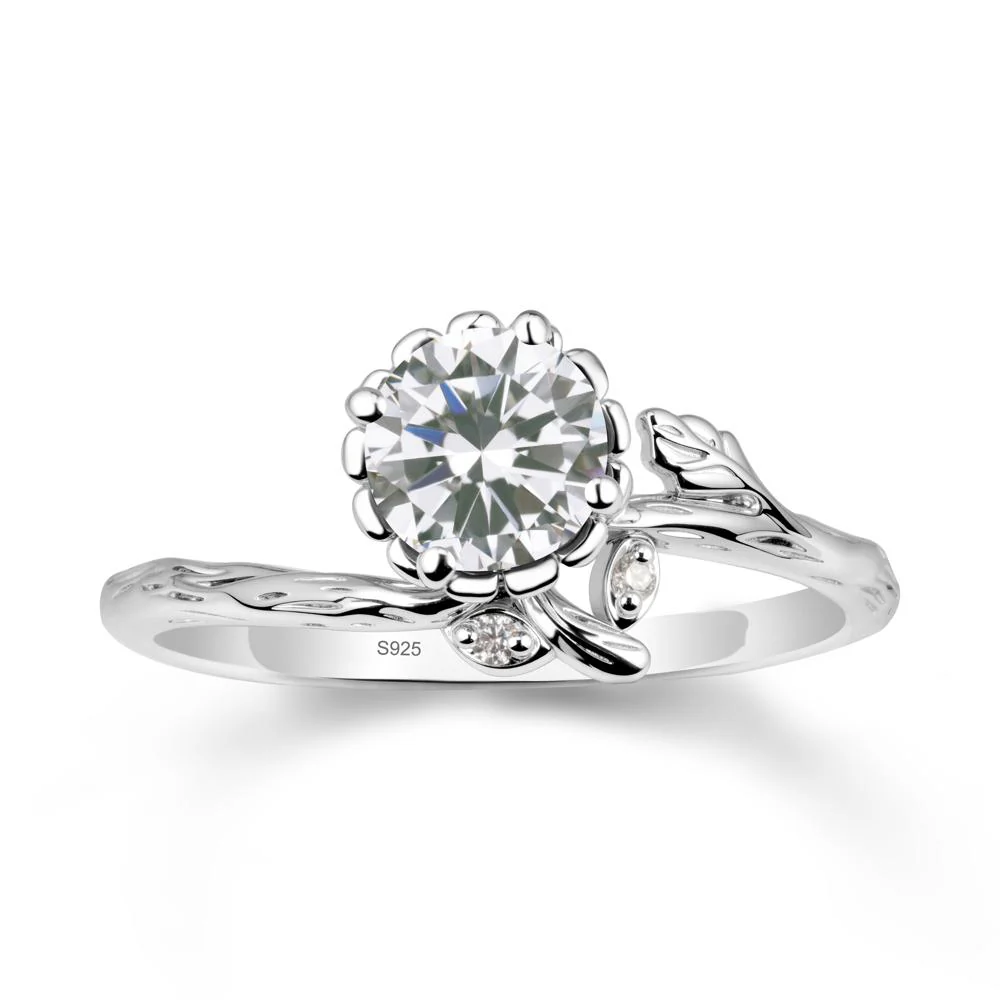 Woodgrain Textured Band Floral Cubic Zirconia Ring - Image 9