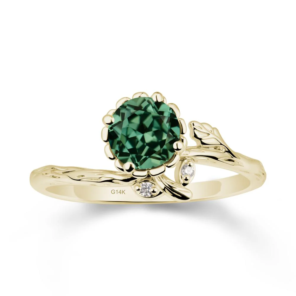 Woodgrain Textured Band Floral Green Sapphire Ring