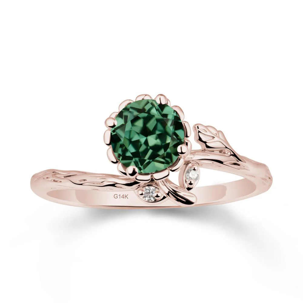 Woodgrain Textured Band Floral Green Sapphire Ring - Image 2