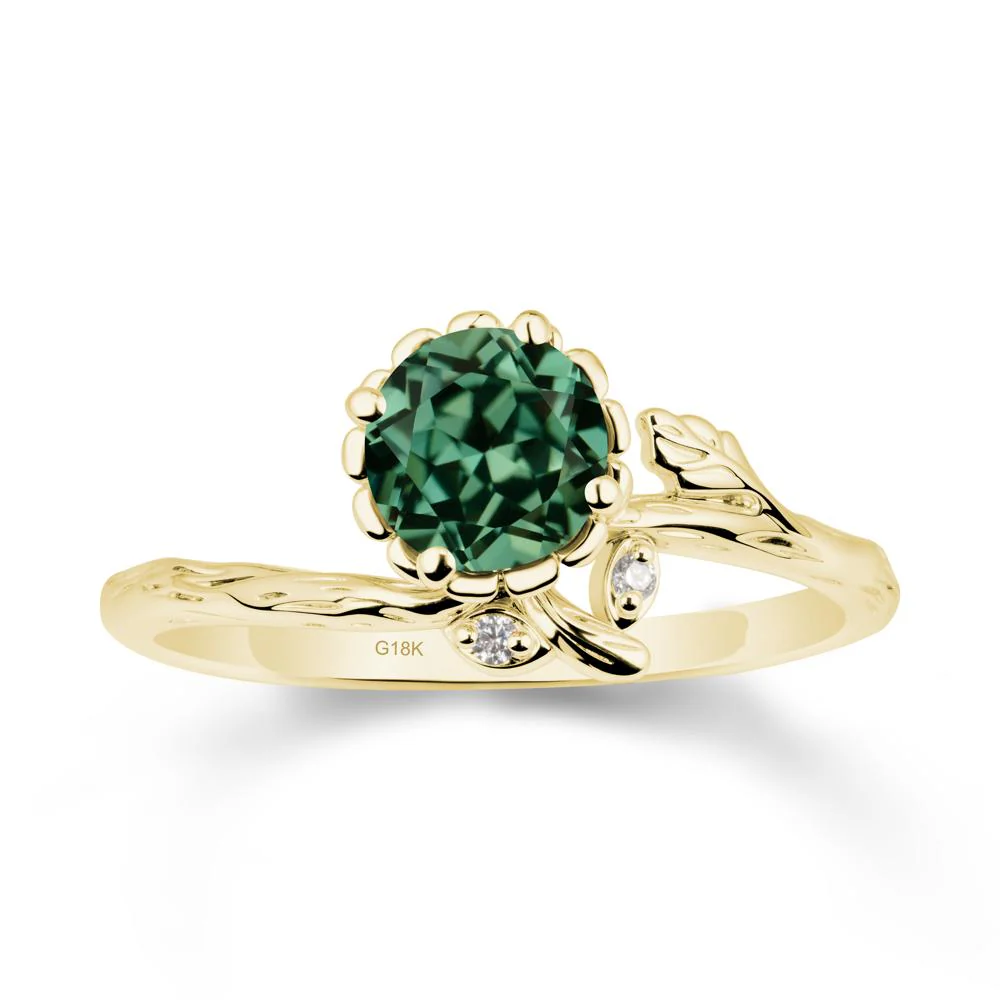 Woodgrain Textured Band Floral Green Sapphire Ring - Image 6