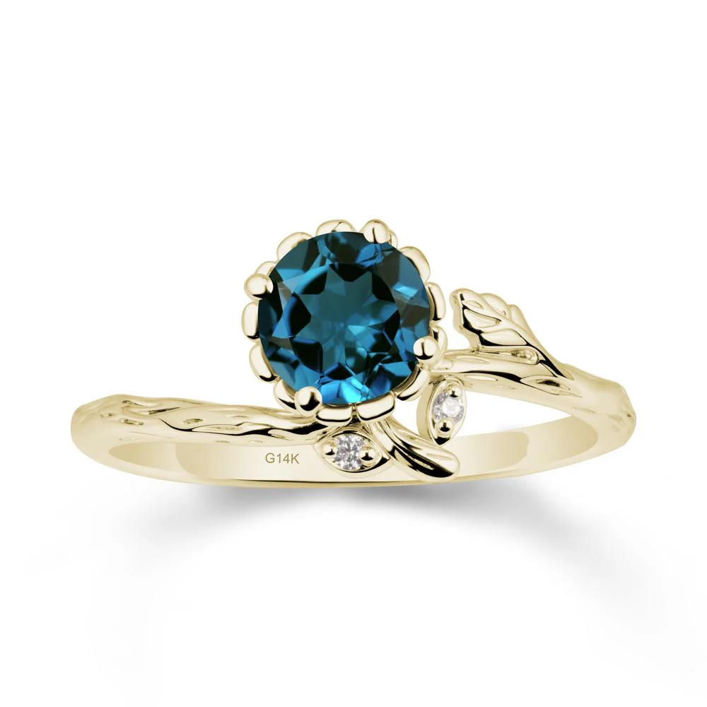 Woodgrain Textured Band Floral London Blue Topaz Ring