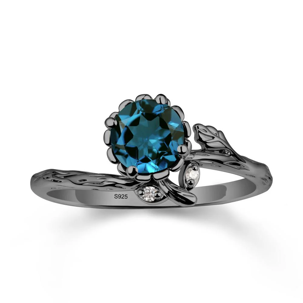 Woodgrain Textured Band Floral London Blue Topaz Ring - Image 7