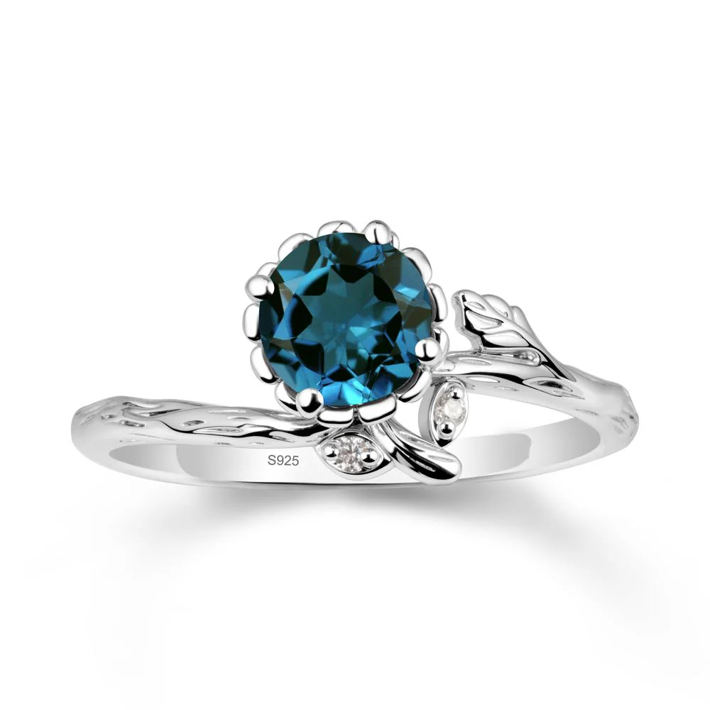 Woodgrain Textured Band Floral London Blue Topaz Ring - Image 9