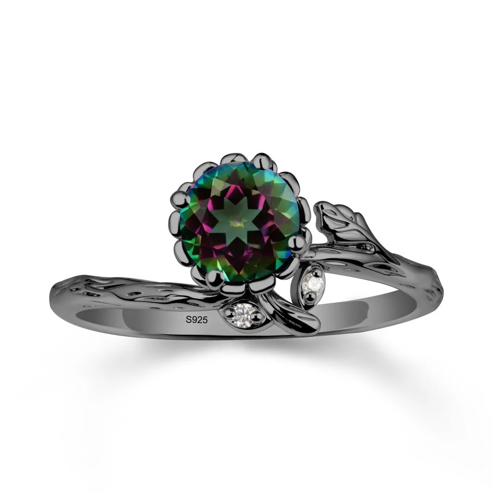 Woodgrain Textured Band Floral Mystic Topaz Ring - Image 7