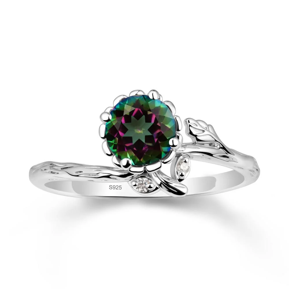 Woodgrain Textured Band Floral Mystic Topaz Ring - Image 9