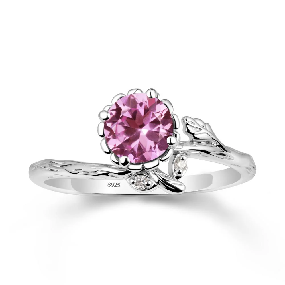 Woodgrain Textured Band Floral Pink Sapphire Ring