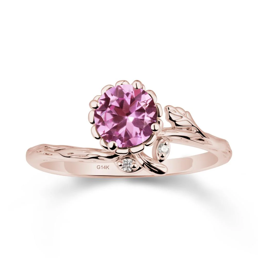Woodgrain Textured Band Floral Pink Sapphire Ring - Image 2