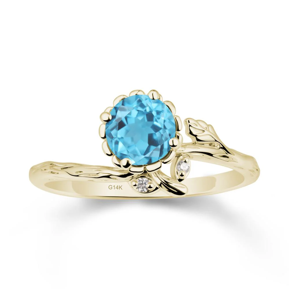 Woodgrain Textured Band Floral Swiss Blue Topaz Ring - Image 4