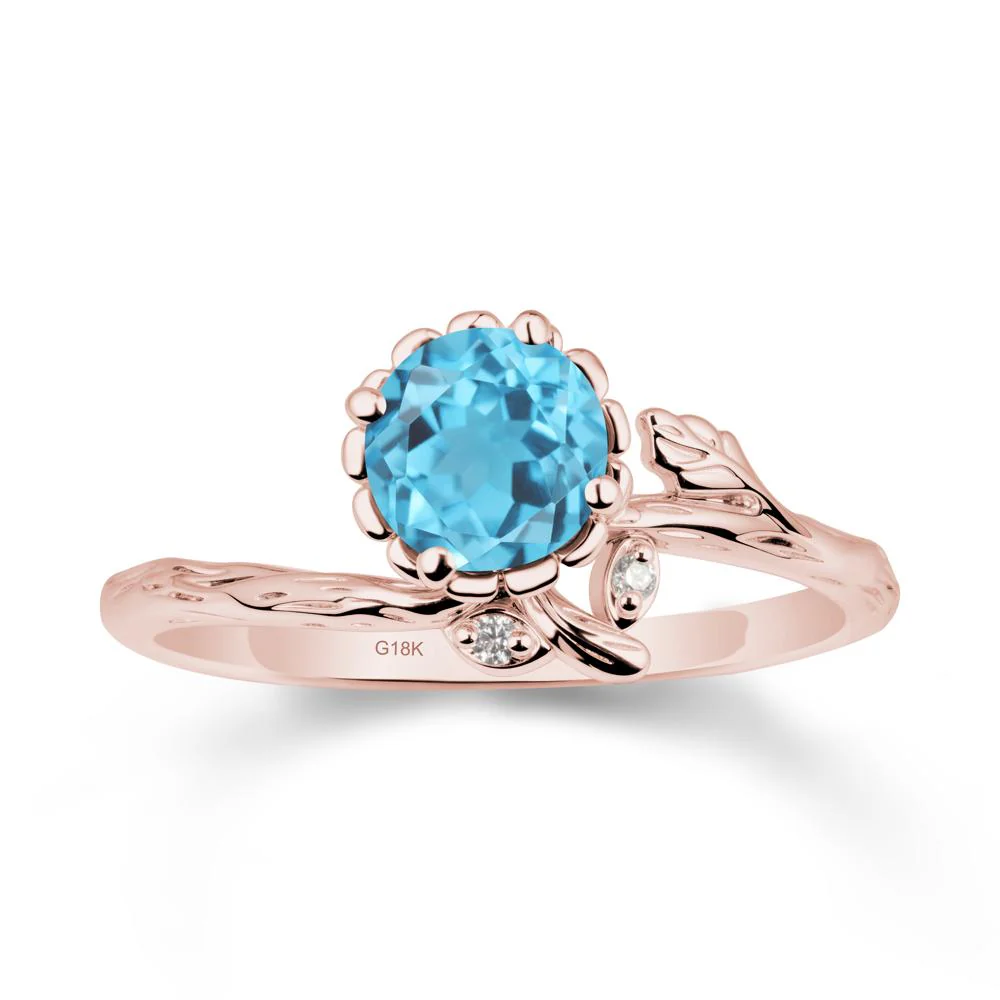 Woodgrain Textured Band Floral Swiss Blue Topaz Ring - Image 5