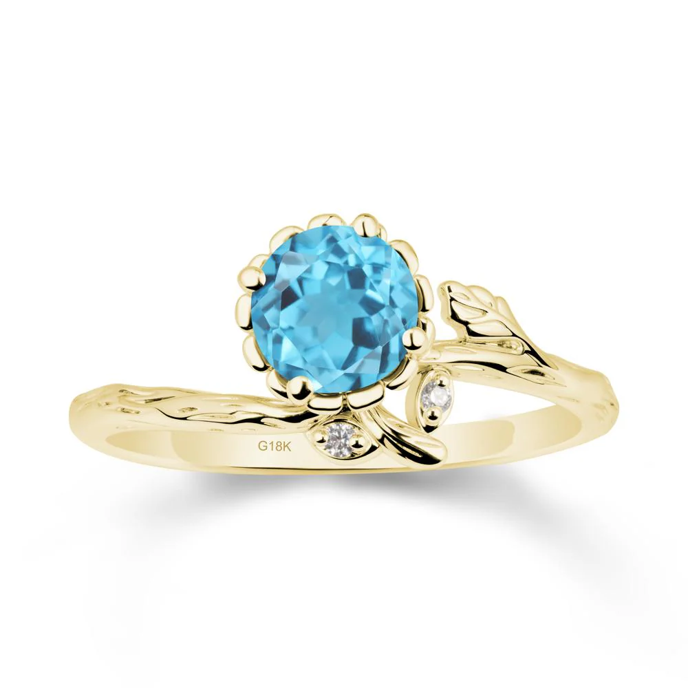 Woodgrain Textured Band Floral Swiss Blue Topaz Ring - Image 7