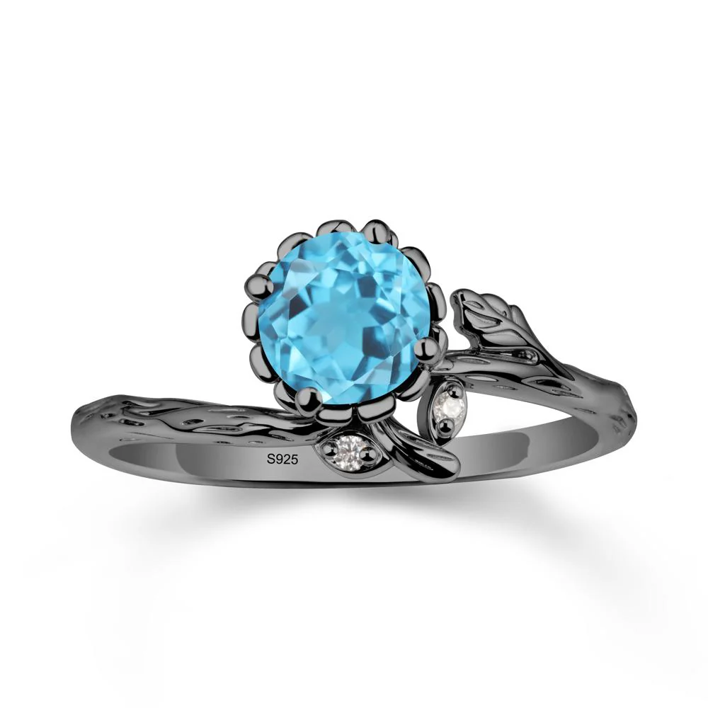 Woodgrain Textured Band Floral Swiss Blue Topaz Ring - Image 8