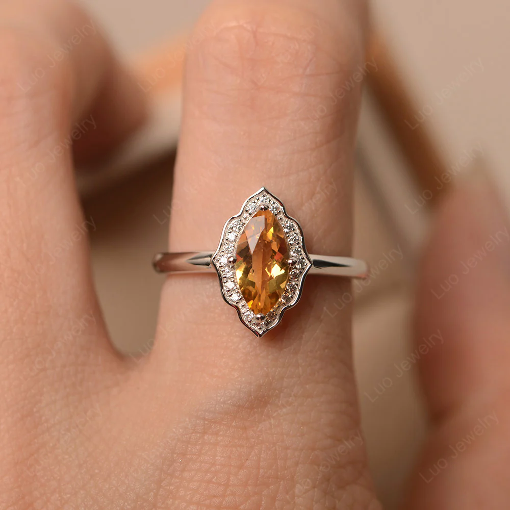 Marquise Cut Citrine Halo Engagement Ring - Image 6